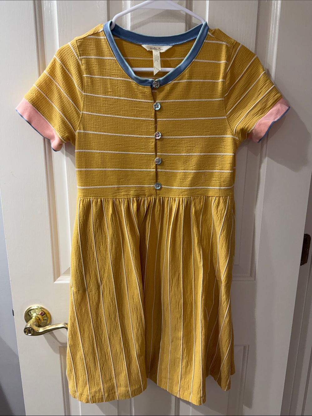 Matilda Jane Yellow Striped Knit Dress with Blue Neckline and Pink Cuffs